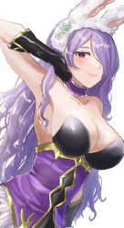 Rule 34 | 1girl, armpits, breasts, camilla (fire emblem), cleavage, female focus, fire emblem, fire emblem heroes, hair over one eye, large breasts, leon0630claude, leotard, long hair, looking at viewer, nintendo, playboy bunny, purple hair, red eyes, smile, solo, very long hair, white background