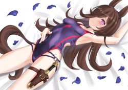Rule 34 | 1girl, animal ears, black one-piece swimsuit, brown hair, commentary request, competition swimsuit, dagger, hair over one eye, highres, holster, horse ears, horse girl, horse tail, knife, long hair, lying, one-piece swimsuit, petals, purple eyes, rice shower (umamusume), solo, swimsuit, tail, tatsumi yashiro, thigh holster, umamusume, weapon