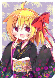Rule 34 | 1girl, :d, ahoge, blonde hair, bow, commentary request, esureki, fang, finger to mouth, floral background, hair bow, hair ribbon, highres, index finger raised, japanese clothes, kimono, looking at viewer, open mouth, red eyes, ribbon, rumia, smile, solo, touhou