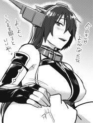 Rule 34 | 10s, 1boy, 1girl, bad id, bad twitter id, black hair, blush, breasts, comforting, crying, gradient background, greyscale, hand on another&#039;s head, headgear, huge breasts, ikeshita moyuko, kantai collection, long hair, military, military uniform, monochrome, nagato (kancolle), open mouth, tears, text focus, translation request, uniform, upper body, white background