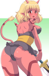Rule 34 | 1girl, ass, blonde hair, blush, bracelet, breasts, colored skin, dragon quest, dragon quest x, horns, jewelry, kihaiu, large breasts, long hair, ogre (dq10), open mouth, pointy ears, red eyes, red skin, simple background, solo, sword, tail, torn clothes, weapon, white background