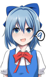 Rule 34 | &gt;:d, circled 9, 1girl, :d, blue dress, blue eyes, blue hair, bow, cirno, dress, fang, hair bow, highres, looking at viewer, open mouth, puffy sleeves, short hair, short sleeves, smile, solo, tony guisado, touhou, v-shaped eyebrows