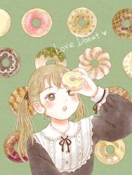 Rule 34 | 1girl, arm up, blush, brown eyes, brown hair, doughnut, english text, food, green background, heart, long hair, long sleeves, open mouth, original, shiromo mo 11, solo, twintails, upper body