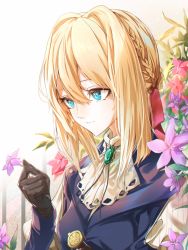 Rule 34 | 1girl, absurdres, ascot, blonde hair, blue eyes, blue jacket, braid, breasts, brooch, brown gloves, commentary, flower, from side, gloves, green brooch, hair between eyes, hair intakes, hair ribbon, highres, holding, holding flower, jacket, jewelry, light smile, matsunaga777, mechanical hands, medium hair, red ribbon, ribbon, simple background, single mechanical hand, solo, upper body, violet (flower), violet evergarden, violet evergarden (series), white ascot, white background