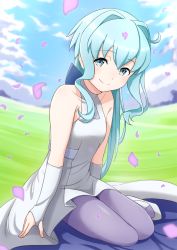 Rule 34 | 10s, 1girl, bad id, bad pixiv id, bare shoulders, blue eyes, blue hair, blue sky, blurry, blurry background, blush, closed mouth, cloud, collarbone, commentary request, day, depth of field, dress, fingernails, gundam, gundam build divers, hair between eyes, hair intakes, highres, light blue hair, long hair, looking at viewer, outdoors, pantyhose, petals, purple pantyhose, sara (gundam build divers), shoes, sitting, sky, sleeveless, sleeveless dress, smile, solo, thighs, tsukiman, very long hair, white dress, white footwear, yokozuwari