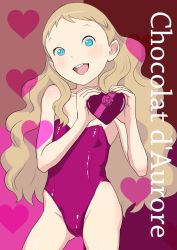 Rule 34 | 1girl, :d, aurore, bare arms, bare shoulders, blonde hair, blue eyes, cameltoe, collarbone, cowboy shot, female focus, flat chest, gluteal fold, heart, highres, holding, leotard, long hair, looking at viewer, open mouth, original, smile, solo, standing, takatou sora, text focus