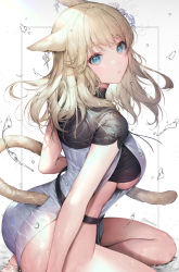 Rule 34 | 1girl, animal ears, aqua eyes, artist name, ass, warrior of light (ff14), blonde hair, breasts, cat ears, cat tail, clothing cutout, earrings, final fantasy, final fantasy xiv, flower, hair flower, hair ornament, highres, jewelry, large breasts, lips, long hair, looking at viewer, miqo&#039;te, no bra, no panties, sencha (senchat), sideboob, solo, tail, tail through clothes, underboob, water drop