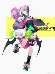 Rule 34 | 1girl, absurdres, ahoge, bag, black footwear, black hair, black shirt, blouse, breasts, chess piece, controller, demon horns, earrings, four of hearts, full body, game controller, gloves, grey hair, hair between eyes, hair tie, hamster, highres, holding strap, horns, instrument case, instrument on back, jacket, jewelry, long sleeves, looking at viewer, low wings, multicolored hair, open mouth, original, pink jacket, pointy ears, puffy long sleeves, puffy sleeves, purple eyes, purple gloves, purple hair, shirt, shoulder bag, single glove, solo, split-color hair, standing, standing on one leg, two-tone hair, wings, z3zz4