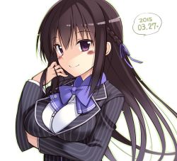 Rule 34 | 1girl, black hair, blush, breasts, character request, female focus, formal, hair ribbon, large breasts, long hair, looking at viewer, ohta yuichi, pinstripe pattern, pinstripe suit, purple hair, ribbon, simple background, smile, solo, striped, suit, upper body, white background