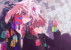 Rule 34 | 2boys, :o, absurdres, arm up, black jacket, black pants, blush, brown eyes, brown hair, charm (object), closed mouth, collarbone, danganronpa: trigger happy havoc, danganronpa (series), danganronpa 2: goodbye despair, from side, green jacket, grey hair, hand up, highres, holding, hood, hood down, jacket, komaeda nagito, male focus, messy hair, misoko (toomuchsushi), multiple boys, naegi makoto, open clothes, open jacket, pants, paper, profile, shirt, short hair, smile, spiked hair, upper body, white shirt