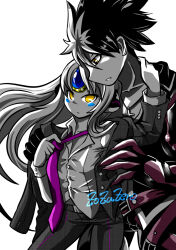 Rule 34 | 1boy, 1girl, black hair, code: nemesis (elsword), couple, cross, cross necklace, elsword, eve (elsword), expressionless, face-to-face, facial mark, forehead jewel, formal, grey hair, hug, jacket, jewelry, long hair, mechanical arms, mechanical ears, multicolored hair, necklace, necktie, raven cronwell, reckless fist (elsword), robot ears, shirt, signature, single mechanical arm, spiked hair, two-tone hair, white background, white hair, yellow eyes, zoza
