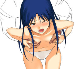 Rule 34 | 00s, 1girl, a1 (initial-g), blue hair, breasts, cowboy shot, flat chest, flat chest grab, grabbing, grabbing another&#039;s breast, idolmaster, idolmaster (classic), idolmaster 1, kisaragi chihaya, open mouth, panties, panties only, simple background, small breasts, solo focus, tears, topless, underwear, underwear only, white background, white panties, wince