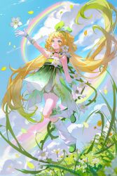 Rule 34 | 1girl, arm up, bare arms, bare shoulders, black choker, blonde hair, blue sky, body markings, bow, bow headband, choker, cloud, collarbone, dress, falling leaves, field, fingerless gloves, flower, flower field, from below, full body, gloves, grass, green bow, green dress, green eyes, green footwear, green hairband, hair flower, hair ornament, hairband, highres, jumping, leaf, leg up, lin zhi mao, long hair, looking up, midair, open mouth, outdoors, outstretched arm, parted hair, plant, rainbow, shorts, shorts under skirt, sky, sleeveless, sleeveless dress, smile, solo, tacet mark (wuthering waves), teeth, thighs, upper teeth only, verina (wuthering waves), very long hair, vines, white flower, white gloves, white leg warmers, wuthering waves, yellow flower