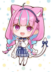 Rule 34 | 1girl, :d, ahoge, anchor hair ornament, animal ear fluff, animal ears, black footwear, blue choker, blue hair, blue hairband, blue sailor collar, blue skirt, blunt bangs, blush, braid, cat ears, cat girl, cat tail, chibi, choker, commentary request, fanged bangs, frilled sailor collar, frills, hair ornament, hairband, hololive, jacket, long hair, long sleeves, looking at viewer, minato aqua, minato aqua (sailor), multicolored hair, nanaka nagomi, official alternate costume, open clothes, open jacket, open mouth, pantyhose, paw pose, pleated skirt, polka dot, polka dot background, purple eyes, purple hair, ribbon, ribbon choker, sailor collar, sailor shirt, shirt, skirt, smile, solo, streaked hair, tail, tail ornament, tail ribbon, thick outlines, twin braids, twintails, two-tone hair, virtual youtuber, white jacket, white pantyhose, white shirt