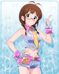 Rule 34 | 10s, 1girl, akizuki ritsuko, antenna hair, artist request, bare shoulders, belt, braid, breasts, brown eyes, brown hair, closed mouth, fingerless gloves, garter straps, glasses, gloves, hand on own hip, idolmaster, idolmaster (classic), idolmaster million live!, idolmaster million live! theater days, long hair, looking at viewer, midriff, million dreams (idolmaster), navel, necktie, official art, sleeveless, smile, solo, star (symbol), tattoo, twin braids