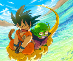 Rule 34 | 2boys, :d, ^ ^, antennae, black hair, closed eyes, cloud, cloudy sky, colored skin, commentary request, day, dougi, dragon ball, closed eyes, fish, flying, flying nimbus, green skin, gyuunyuu daisuki, happy, long sleeves, looking away, male focus, mountain, multiple boys, ruyi jingu bang, ocean, open mouth, outdoors, piccolo, pointy ears, red eyes, sharp teeth, short hair, sitting, sky, smile, son goku, spiked hair, tail, teeth, water, wristband