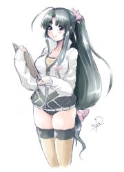 Rule 34 | 10s, 1girl, ahoge, black eyes, black hair, blush, bow, breasts, buruma, clipboard, hair bow, jacket, kantai collection, large breasts, long hair, looking at viewer, low-tied long hair, owju (ouju), pen, ponytail, shouhou (kancolle), signature, sketch, smile, solo, standing, thigh strap, thighhighs, very long hair