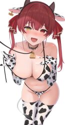 Rule 34 | 1girl, animal ears, animal print, bare shoulders, bell, bikini, blush, breasts, cleavage, collar, commentary request, cow ears, cow horns, cow print, cow print bikini, cow tail, cowbell, ear tag, embarrassed, fake horns, fang, gloves, hair ribbon, heterochromia, highres, hololive, horns, houshou marine, large breasts, leash, long hair, looking at viewer, neck bell, open mouth, print bikini, print gloves, print thighhighs, red eyes, red hair, ribbon, solo, strap pull, sweat, swimsuit, tail, thighhighs, tojo aoi, twintails, virtual youtuber, yellow eyes