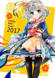 Rule 34 | 1girl, 2017, aqua hair, bad id, bad pixiv id, black pantyhose, blue eyes, blue kimono, bob cut, chinese zodiac, closed mouth, commentary, floral print, fur collar, hair ornament, happy new year, highres, japanese clothes, kimono, kimono skirt, looking at viewer, multicolored hair, new year, obi, original, pantyhose, sash, short hair, silver hair, smile, solo, standing, swav, tareme, tosk (swav-coco), year of the rooster