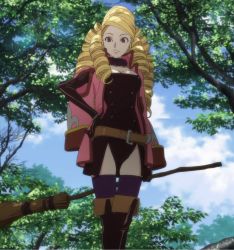 Rule 34 | 1girl, blonde hair, breasts, broom, brown eyes, cleavage, curly hair, female focus, highres, junketsu no maria, large breasts, long hair, nature, outdoors, plant, red eyes, sky, solo, stitched, third-party edit, viv (junketsu no maria)