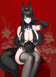 Rule 34 | 1girl, animal ears, arm up, bare shoulders, bell, black-haired fox girl (hayabusa), black gloves, black hair, black tail, black thighhighs, blue eyes, blue ribbon, blush, breast curtains, breasts, china dress, chinese clothes, cleavage, closed mouth, commentary, covered navel, cropped, crossed ankles, dress, elbow gloves, floral background, fox ears, fox girl, fox tail, full body, gloves, hand in own hair, hayabusa, jingle bell, large breasts, legs, long hair, looking at viewer, mole, mole on breast, mole under eye, neck bell, original, pelvic curtain, red background, revealing clothes, ribbon, signature, sitting, smile, solo, swept bangs, symbol-only commentary, tail, thick eyebrows, thighhighs