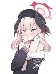 Rule 34 | 1girl, black hat, black wings, blue archive, blush, closed mouth, collarbone, commentary request, halo, hat, head wings, highres, koharu (blue archive), long sleeves, mameojitan, neckerchief, off-shoulder shirt, off shoulder, pink eyes, pink hair, pink neckerchief, sailor collar, school uniform, shirt, short hair, simple background, solo, sweatdrop, twintails, white background, white sailor collar, wings