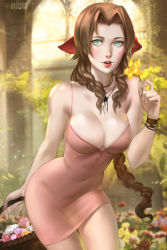 Rule 34 | 1girl, aerith gainsborough, bangle, bare shoulders, blush, bracelet, braid, braided ponytail, breasts, choker, church, cleavage, dress, final fantasy, final fantasy vii, final fantasy vii remake, flower, flower basket, flower bed, flower choker, green eyes, hair ribbon, highres, holding, holding flower, jewelry, long hair, medium breasts, parted lips, pink dress, pink flower, pink ribbon, ragecndy, ribbon, short dress, sidelocks, smile, solo, spaghetti strap, square enix, teeth, upper teeth only, wavy hair, white flower, yellow flower