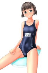 Rule 34 | 1girl, absurdres, black hair, blue one-piece swimsuit, breasts, collarbone, cowboy shot, green eyes, grin, highres, kickboard, looking at viewer, name tag, navel, new school swimsuit, one-piece swimsuit, original, school swimsuit, short hair, simple background, small breasts, smile, solo, swimsuit, takafumi, tan, twintails, white background
