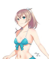 Rule 34 | 10s, 1girl, alternate costume, artist name, bad anatomy, bare arms, bare shoulders, bikini, blue bikini, blue eyes, breasts, brown hair, collarbone, hayabusa, highres, kantai collection, kumano (kancolle), long hair, looking at viewer, navel, ponytail, simple background, small breasts, solo, swimsuit, white background