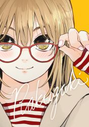 Rule 34 | 1girl, absurdres, azumaya toushirou, blonde hair, commentary request, glasses, highres, looking at viewer, medium hair, nail polish, original, pink nails, red-framed eyewear, smile, solo, yellow background, yellow eyes