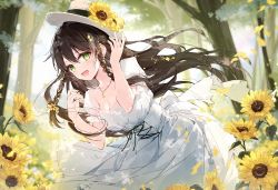 Rule 34 | 1girl, :d, black hair, blurry, blurry background, blush, braid, breasts, cleavage, collarbone, commentary request, day, depth of field, dress, floating hair, flower, forest, green eyes, hair between eyes, hat, hat flower, highres, leaning forward, long hair, medium breasts, mochizuki shiina, nature, open mouth, original, outdoors, puffy short sleeves, puffy sleeves, short sleeves, smile, solo, tree, twin braids, very long hair, white dress, white hat, yellow flower