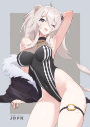 Rule 34 | 1girl, ;o, adapted costume, ahoge, animal ears, armpits, black choker, black one-piece swimsuit, breasts, choker, contrapposto, covered navel, fang, fur-trimmed jacket, fur trim, grey eyes, highleg, highleg swimsuit, highres, hololive, jacket, jdpr, jewelry, large breasts, lion ears, lion girl, lion tail, long hair, necklace, one-piece swimsuit, one eye closed, open mouth, outside border, shishiro botan, solo, swimsuit, tail, teeth, thigh strap, thighs, unworn jacket, virtual youtuber, white hair