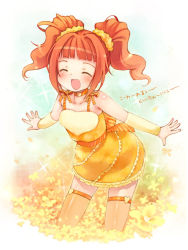 Rule 34 | 00s, 1girl, :d, ^ ^, brown hair, closed eyes, cute &amp; girly (idolmaster), closed eyes, happy, idolmaster, idolmaster (classic), idolmaster 1, kito (sorahate), open mouth, orange hair, orange thighhighs, smile, solo, takatsuki yayoi, thighhighs, twintails