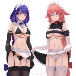 Rule 34 | 2023, 2girls, animal ears, apron, arm garter, artist name, bare shoulders, black gloves, black panties, black skirt, blush, bow, braid, breasts, character name, cleavage, clothes lift, covered erect nipples, cropped shirt, elbow gloves, floppy ears, flower, fox ears, frilled apron, frilled bikini top, frilled skirt, frills, garter straps, genshin impact, gloves, hair between eyes, hair bow, hair flower, hair ornament, hairclip, highres, large breasts, lifting own clothes, long hair, looking at viewer, low-braided long hair, low-tied long hair, maid, maid apron, maid headdress, massoukei, mole, mole under eye, multiple girls, navel, panties, pink hair, purple bow, purple eyes, purple hair, raiden shogun, red bow, revealing clothes, shirt, skirt, skirt lift, sleeveless, sleeveless shirt, stomach, thighhighs, thighs, unconventional maid, underboob, underwear, very long hair, white apron, white background, white gloves, white panties, white thighhighs, yae miko