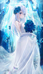 Rule 34 | 1girl, absurdres, bare shoulders, blue eyes, blush, bouquet, bubble, bug, butterfly, dress, elbow gloves, eumi 114, flower, gloves, hair between eyes, hair flower, hair ornament, highres, insect, long hair, original, parted lips, see-through, silver hair, skirt hold, sleeveless, sleeveless dress, solo, standing, veil, wedding, wedding dress, white dress, white gloves