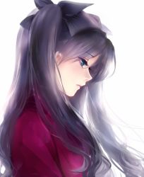 Rule 34 | 1girl, bad id, bad pixiv id, black hair, black ribbon, blue eyes, closed mouth, eyelashes, fate/stay night, fate (series), from side, hair ribbon, long hair, looking away, looking down, meaomao, portrait, profile, red sweater, ribbon, simple background, solo, sweater, tohsaka rin, turtleneck, two side up, upper body, white background