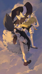 1girl arm_up back_bow bare_arms black_hat black_skirt black_vest blonde_hair bloomers bow braided_sidelock broom broom_riding chinese_commentary closed_mouth cloud cloudy_sky commentary_request expressionless frilled_hat frilled_skirt frills from_behind full_body hair_bow hat hat_bow highres kenkxx kirisame_marisa kneepits leg_up long_hair mary_janes puffy_short_sleeves puffy_sleeves shirt shoes short_sleeves skirt skirt_set sky socks solo touhou underwear unworn_hat unworn_headwear vest white_bow white_shirt white_socks witch_hat