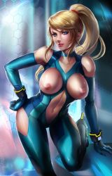 Rule 34 | 1girl, bare shoulders, blonde hair, blue eyes, blush, bodysuit, breast cutout, breastless clothes, breasts, collarbone, elbow gloves, gloves, highres, hip vent, large breasts, leaning forward, lips, long hair, looking at viewer, metroid, mole, mole under mouth, navel, nintendo, nipples, parted lips, ponytail, samus aran, shiny skin, smile, solo, terufuu, zero suit