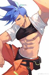 Rule 34 | 1boy, abs, absurdres, bara, black male underwear, black tank top, blue eyes, blue hair, clothes lift, eloseu (haribochase), galo thymos, highres, large pectorals, looking at viewer, male focus, male underwear, male underwear peek, muscular, muscular male, navel, nipples, open pants, orange pants, pants, pectorals, promare, shirt, shirt behind neck, shirt lift, short hair, smile, solo, spiked hair, tank top, teeth, underpec, underwear, weibo watermark, white shirt