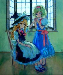 Rule 34 | 2girls, acrylic paint (medium), alice margatroid, ama-tou, apron, blonde hair, blue eyes, bow, braid, capelet, character doll, doll joints, female focus, hairband, hat, hat bow, joints, kirisame marisa, long hair, multiple girls, painting (medium), shoes, short hair, single braid, touhou, traditional media, waist apron, witch, witch hat, yellow eyes