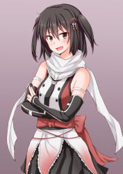 Rule 34 | 10s, 1girl, anti (untea9), arm warmers, black hair, black skirt, blush, brown eyes, dress, frilled dress, frills, hair between eyes, hair ornament, highres, kantai collection, looking at viewer, open mouth, pleated skirt, purple background, remodel, scarf, sendai (kancolle), sendai kai ni (kancolle), short hair, simple background, skirt, solo, twintails, two side up