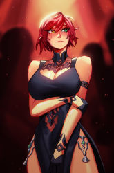 Rule 34 | 1girl, blush, breasts, cleavage, cleavage cutout, clothing cutout, dress, final fantasy, final fantasy xiv, full-face blush, gloves, heterochromia, highres, hyur, large breasts, looking to the side, qtori, red hair, scar, scar across eye, scar on face, short hair, side slit, silhouette, sleeveless, solo focus, turtleneck, turtleneck dress, warrior of light (ff14)