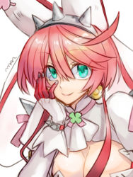 Rule 34 | 1girl, animal ears, blue eyes, breasts, rabbit ears, choker, cleavage, clover, dress, earrings, elphelt valentine, fake animal ears, gloves, guilty gear, guilty gear xrd, hand on own face, jewelry, large breasts, looking at viewer, maka (morphine), pink hair, smile, solo, spikes, wedding dress