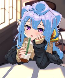 Rule 34 | 1boy, absurdres, androgynous, blue hair, blush, crossdressing, cyan (cyan33333), fingernails, hacka doll, hacka doll 3, highres, long hair, long sleeves, looking at viewer, parted lips, purple eyes, shirt, simple background, sitting, solo, trap, very long hair