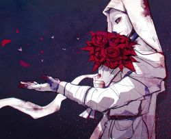 Rule 34 | 1boy, blood, blood on hands, bouquet, closed mouth, elden ring, flower, from side, highres, holding, holding bouquet, holding flower, male focus, petals, profile, qur0704, reaching, reaching towards viewer, red flower, red rose, rose, smile, solo, standing, tabard, veil, white-faced varre, white mask