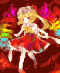 Rule 34 | 1girl, asymmetrical hair, blonde hair, bow, brown hat, child, dress, eyebrows, female focus, flandre scarlet, frilled skirt, frills, hat, hat ribbon, long hair, mob cap, rainbow order, red background, red dress, red eyes, red footwear, red ribbon, red theme, ribbon, shirt, shirt bow, shoes, short hair, side ponytail, skirt, solo, torii sumi, touhou, white legwear, white shirt, wings, wrist cuffs, yellow bow