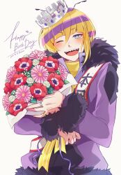 Rule 34 | 1boy, akasuzu3641, blue eyes, blush, bouquet, flower, hachin (show by rock!!), highres, holding, holding bouquet, jacket, long sleeves, looking at viewer, male focus, multicolored hair, one eye closed, open mouth, orange hair, pink flower, purple hair, purple jacket, red flower, sharp teeth, short hair, show by rock!!, smile, solo, teeth, white background
