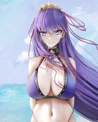 Rule 34 | 1girl, absurdres, bare shoulders, bb (fate), bb (fate) (all), bb (swimsuit mooncancer) (fate), bb (swimsuit mooncancer) (second ascension) (fate), beach, bikini, blue sky, breasts, cleavage, fate/grand order, fate (series), hair ornament, highres, large breasts, long hair, looking at viewer, navel, obazzotto, purple bikini, purple eyes, purple hair, sky, smile, solo, star (symbol), star hair ornament, swimsuit