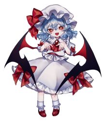 Rule 34 | 1girl, :d, ascot, bat wings, blue hair, bobby socks, bow, collared shirt, commentary request, fangs, frilled shirt collar, frilled skirt, frills, full body, hat, hat bow, highres, katai (nekoneko0720), looking at viewer, medium hair, mob cap, open mouth, puffy short sleeves, puffy sleeves, red ascot, red bow, red brooch, red eyes, red footwear, red nails, remilia scarlet, shirt, shoes, short sleeves, simple background, skirt, smile, socks, solo, touhou, white background, white hat, white shirt, white skirt, white socks, wings