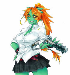 Rule 34 | 1girl, belt, black skirt, breasts, cleavage, collared shirt, colored skin, contrapposto, cowboy shot, eyes visible through hair, facing viewer, green eyes, green skin, grin, hand on own hip, high ponytail, holding, holding weapon, horns, large breasts, long hair, looking at viewer, medium breasts, microskirt, miniskirt, multicolored hair, nunchaku, oni, orange hair, original, parted bangs, plaid, plaid skirt, pleated skirt, pointy ears, ponytail, school uniform, sharp teeth, shirt, short sleeves, simple background, skirt, skj, slit pupils, smile, solo, spiked nunchaku, standing, streaked hair, teeth, very long hair, weapon, white background, white shirt, wing collar, wristband, yellow eyes